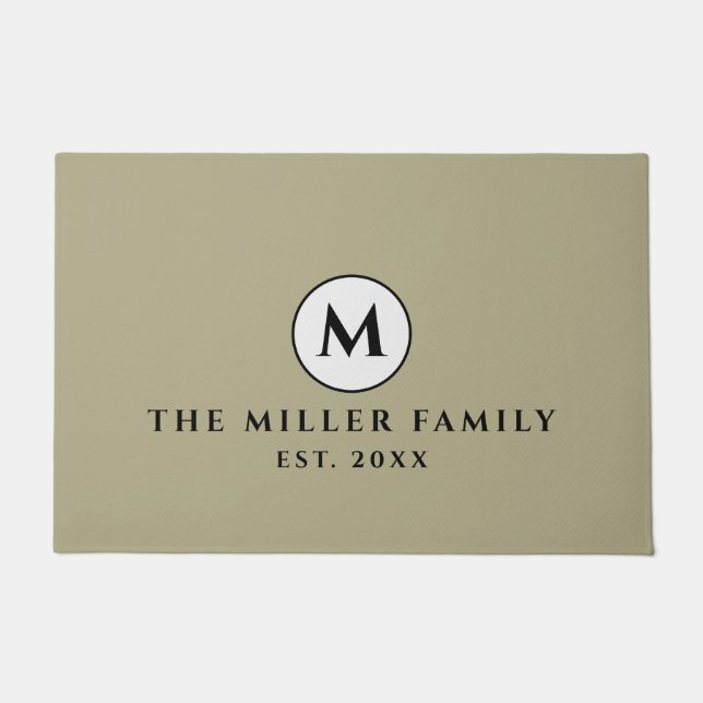 Sage Green Black & White Monogrammed Family Name Doormat (Front)