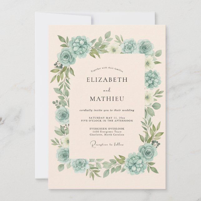 Sage Green Blossom Flourish Wedding Invitation (Front)