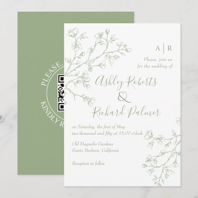 Sage green blossoms QR code monochrome wedding Invitation (Front/Back)