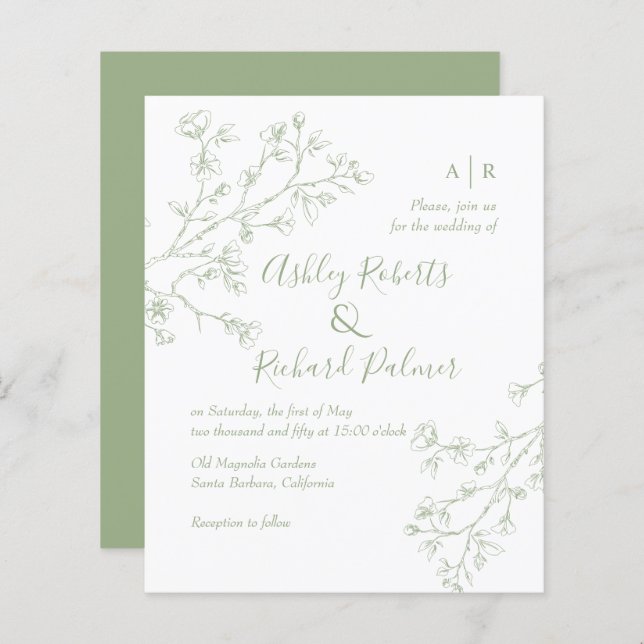 Sage green blossoms QR code wedding invitation (Front/Back)