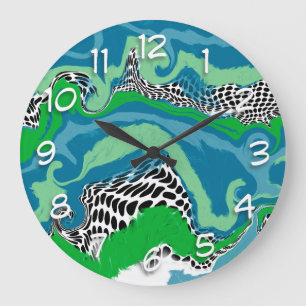 Sage Green, Blue, Black and White Abstract Fluid   Large Clock