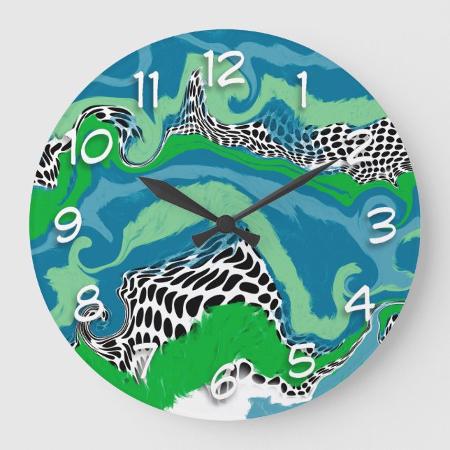 Sage Green, Blue, Black and White Abstract Fluid   Large Clock (Front)