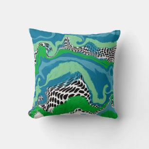 Sage Green, Blue, Black and White Abstract Fluid  Throw Pillow
