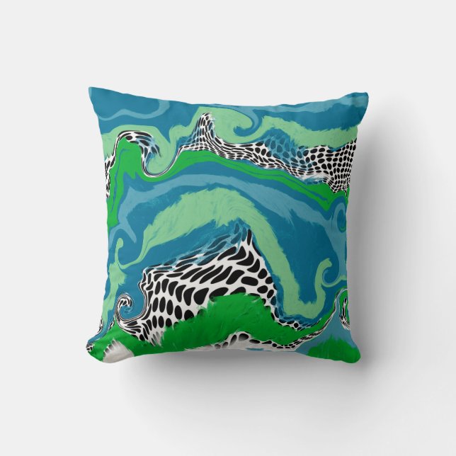 Sage Green, Blue, Black and White Abstract Fluid  Throw Pillow (Front)