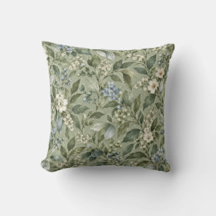 Sage Green Blue Botanical Floral Pattern Throw Pillow
