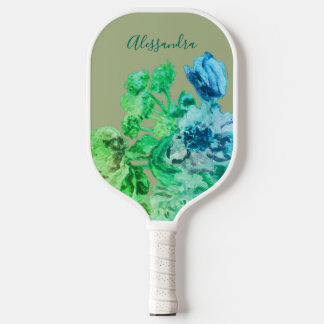 Sage Green Blue Custom Floral Watercolor Bouquet Pickleball Paddle