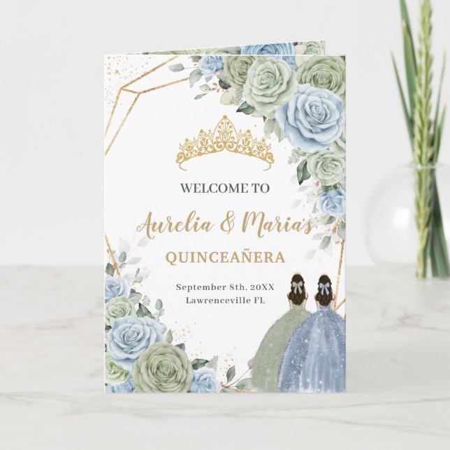 Sage Green Blue Floral Quinceañera Order of Events Program (Front)