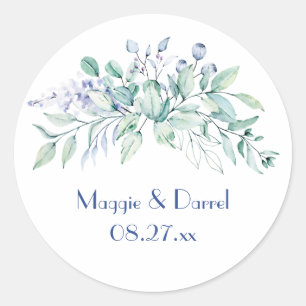 Sage Green & Blue Greenery Wedding Monogram Classic Round Sticker