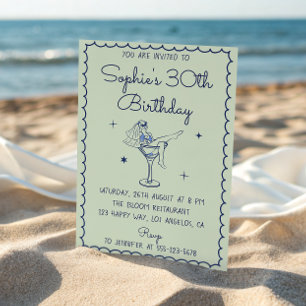 Sage Green & Blue Martini Glass 30th Birthday Invitation