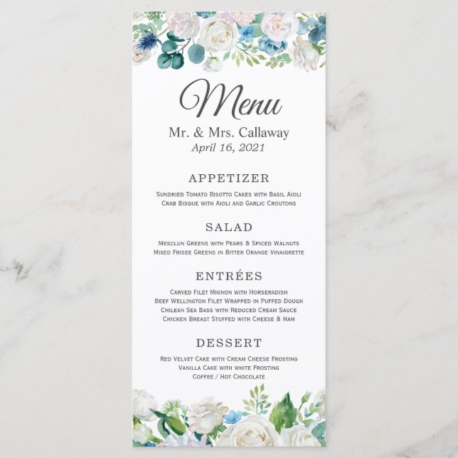 Sage Green Blue Peony Wedding Menu (Front)