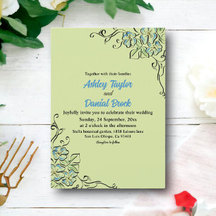 Sage Green Blue Roses Simple Modern Floral Wedding Invitation