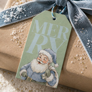 Sage Green Blue Vintage Santa Merry Christmas Gift Tags