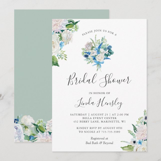 Sage Green Blue White Floral Bouquet Bridal Shower Invitation (Front/Back)