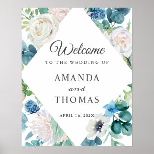 Sage Green Blue White Floral Wedding Welcome Sign