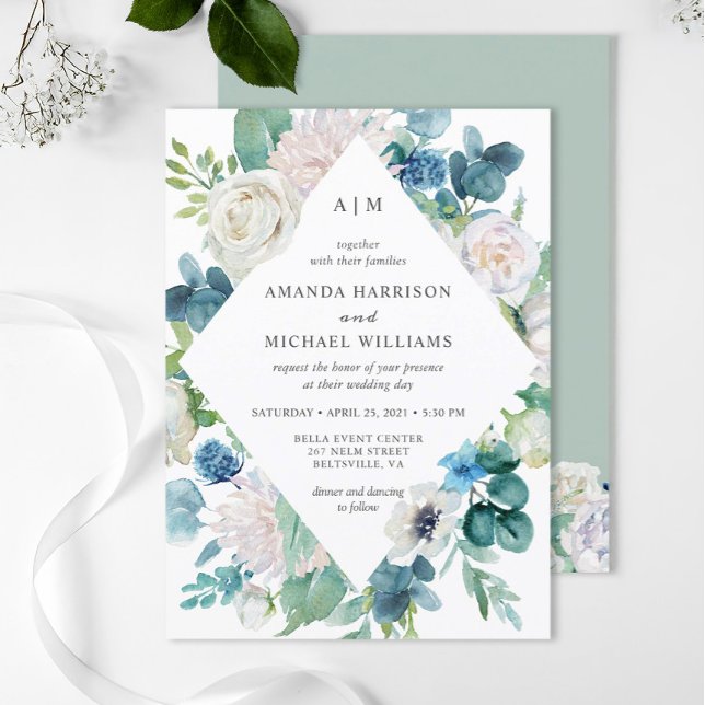 Sage Green Blue White Pastel Floral Wedding Invitation (Creator Uploaded)
