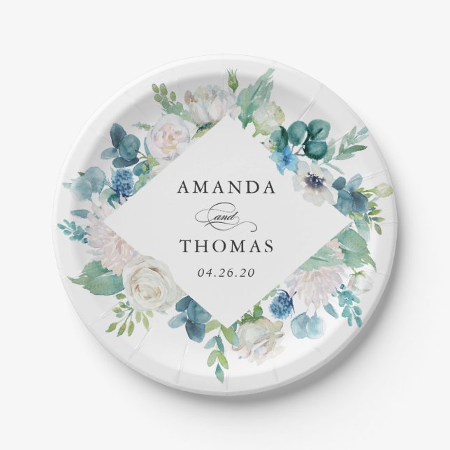 Sage Green Blue White Pastel Floral Wreath Wedding Paper Plate (Front)