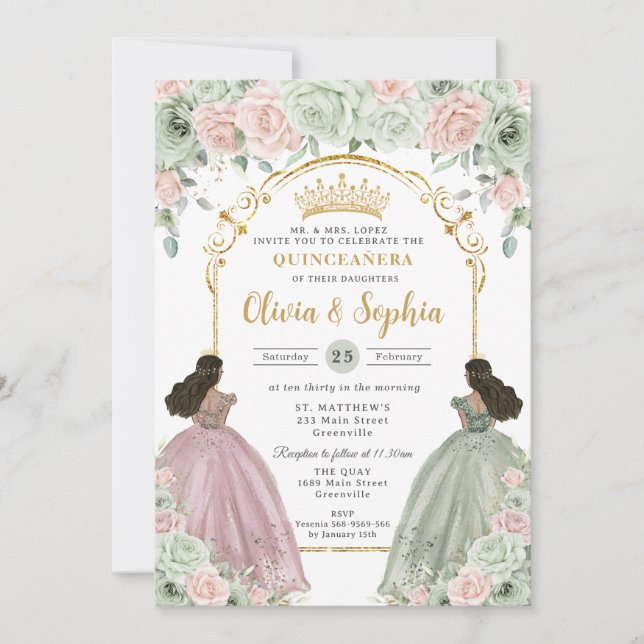 Sage Green Blush Floral Brown Twins Quinceañera  Invitation (Front)