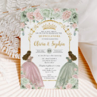 Sage Green Blush Floral Twins Gold Quinceañera