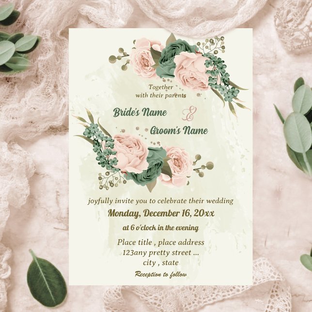sage green blush flowers botanical wedding invitation (Creator Uploaded)