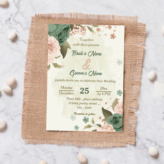 sage green blush flowers botanical wedding invitation (Creator Uploaded)