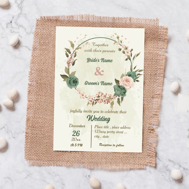 sage green blush flowers botanical wedding invitation (Creator Uploaded)