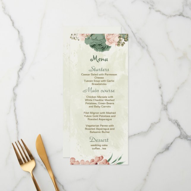 sage green blush flowers botanical wedding menu (Front/Back In Situ)