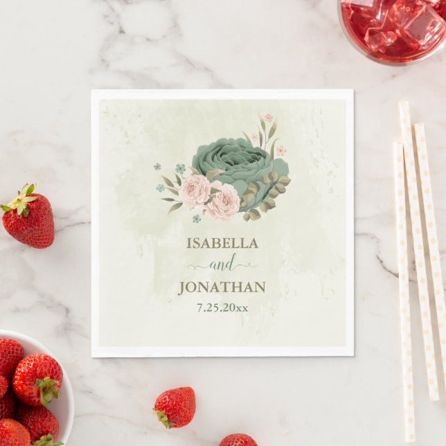sage green blush flowers wedding napkin (Insitu)