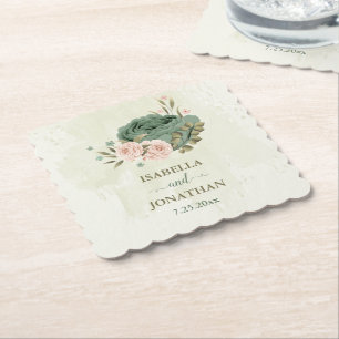 sage green blush flowers wedding paper coaster