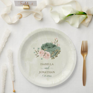 sage green blush flowers wedding paper plate