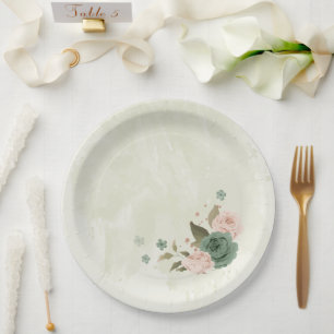 sage green blush flowers wedding paper plate