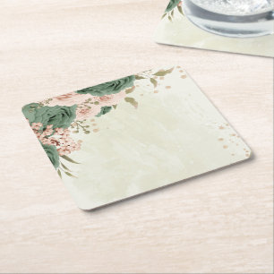sage green blush flowers wedding square paper coaster