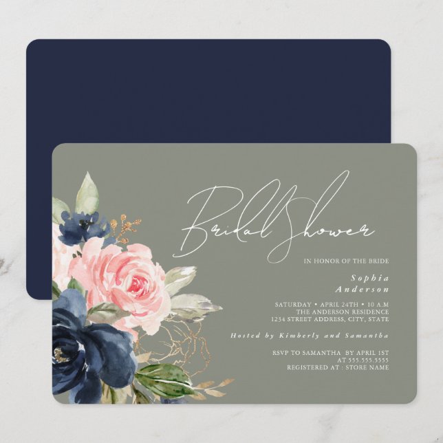 Sage Green Blush Navy Floral Bridal Shower Invitation (Front/Back)