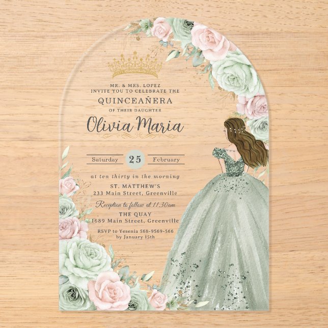Sage Green Blush Pink Floral Princess Quinceañera  Acrylic Invitations (Front)