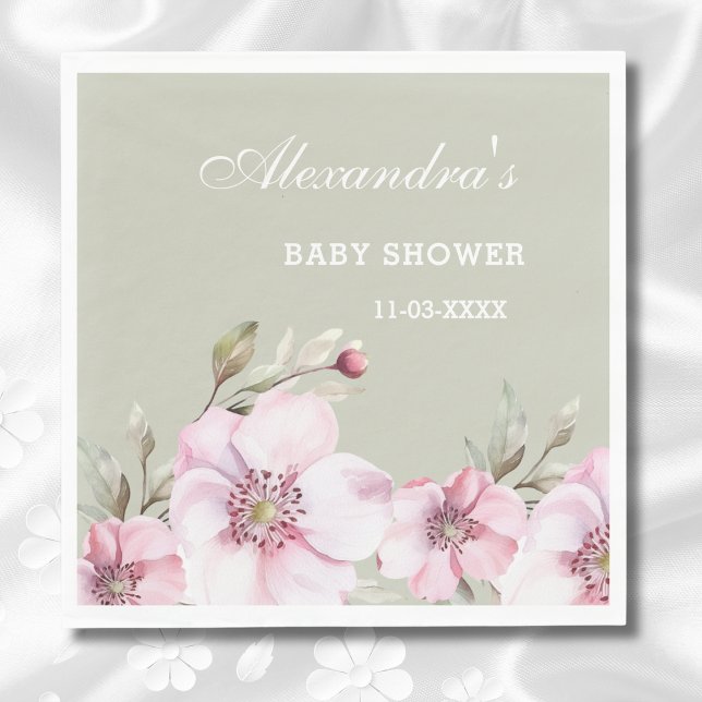 Sage Green Blush Pink Floral Roses Baby Shower Napkin (Creator Uploaded)