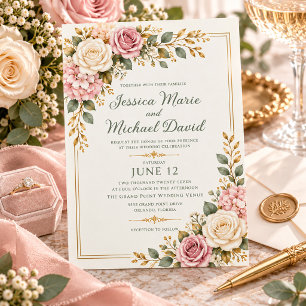 Sage Green Blush Pink Rose Floral Gold Wedding Invitation