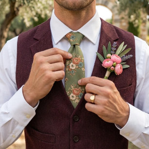 Sage Green Blush Rose Chintz Bouquet Pattern Tie