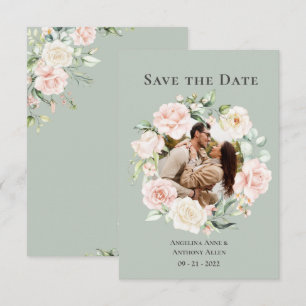Sage Green Blush Watercolor Photo Floral Wedding Save The Date