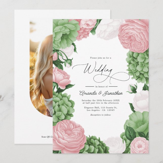 Sage Green, Blush & White Floral Wedding Invitation (Front/Back)