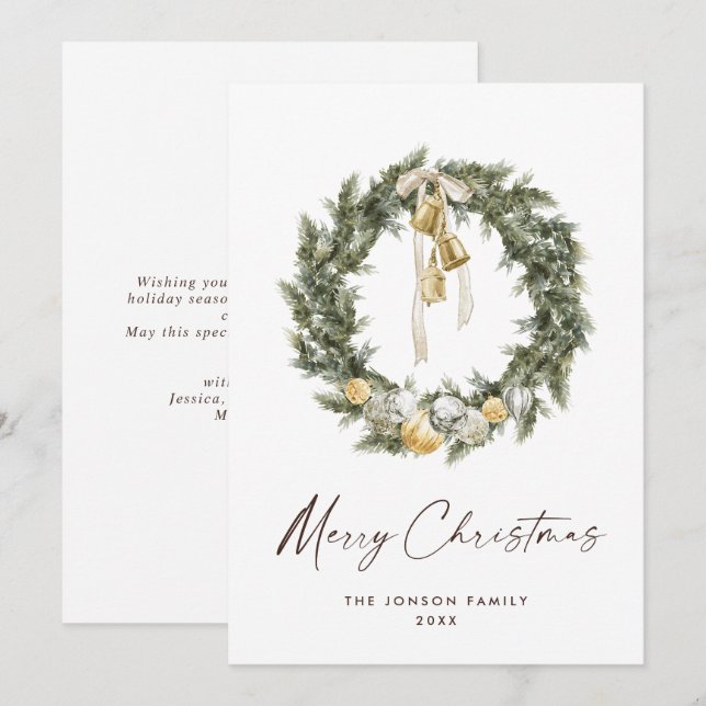 Sage Green Bohemian Christmas Wreath Greeting Holiday Card (Front/Back)