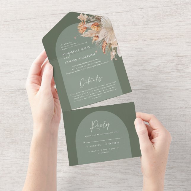 Sage Green bohemian pampas grass wedding All In One Invitation (Tearaway)