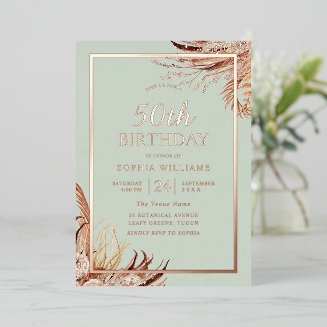 Sage Green Boho 50th Birthday Party Real Rose Gold (Standing Front)