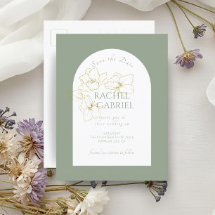 Sage Green Boho Arch Gold Floral Wedding Postcard