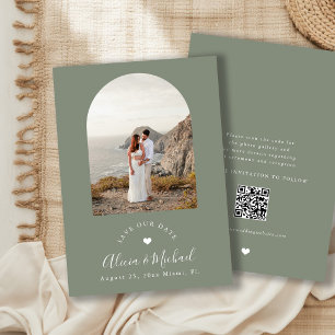 Sage green boho arch modern QR code photo wedding Save The Date