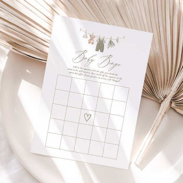 Sage Green Boho Baby Clothes Baby Shower Bingo Invitation (Creator Uploaded)