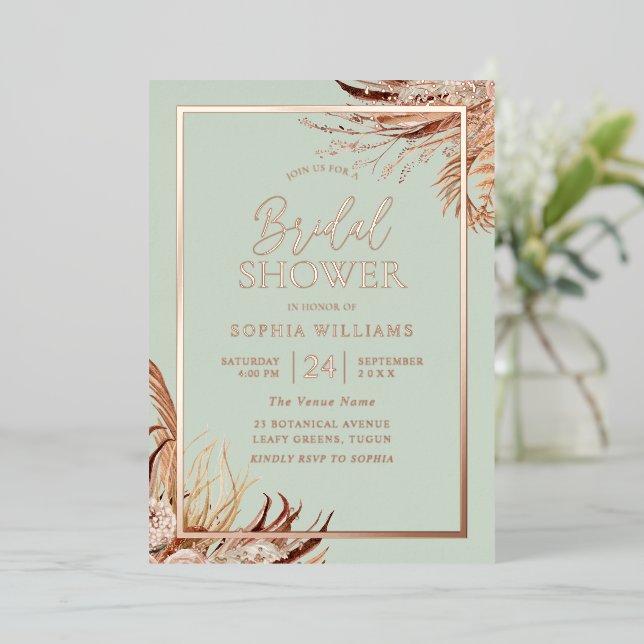 Sage Green Boho Chic Bridal Shower Real Rose Gold (Standing Front)