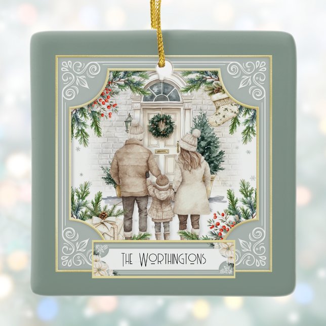 Sage Green Boho Chic Personalized Family Christmas Ceramic Ornament (Creator Uploaded)