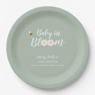 Sage Green Boho Daisy Floral Baby In Bloom Shower Paper Plate