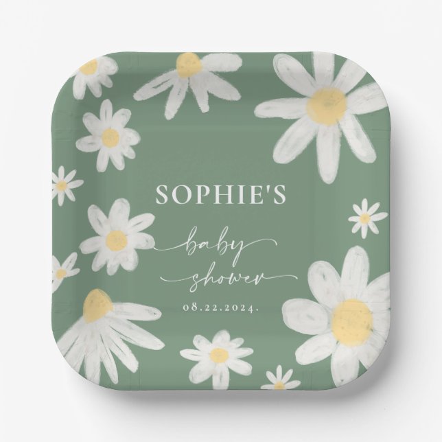 Sage Green Boho Daisy Flower Paper Plates (Front)