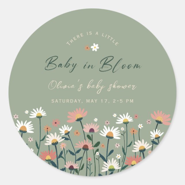 Sage Green Boho Floral Baby in Bloom Shower Classic Round Sticker (Front)