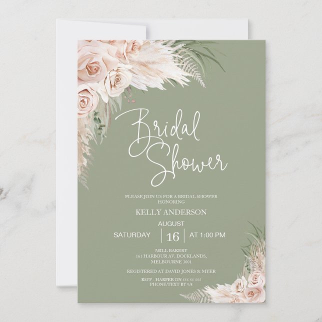 Sage Green Boho Floral Bridal Shower Invitation (Front)
